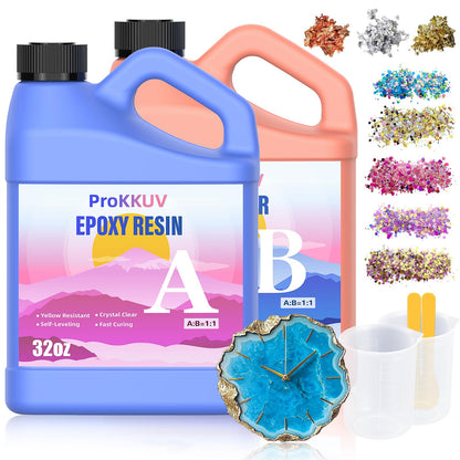ProKKUV Epoxy Resin Kit, 64OZ Kit Crystal Clear Resin Epoxy, Bubble Free, No Yellowing, UV Resistant, Food Safe with Foil Flakes, Sequin, Easy Mix 1:1 for DIY Crafts Jewelry Making(32OZ x 2)