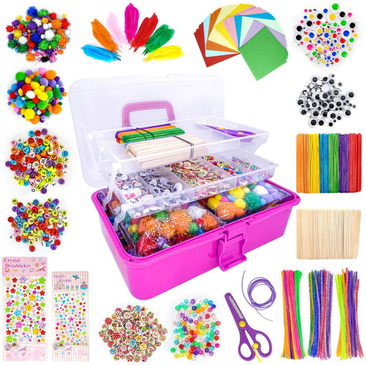 1405 Pcs Art and Craft Supplies for Kids, Toddler DIY Craft Art Supply Set Included Pipe Cleaners, Pom Poms, Feather, Folding Storage Box - All in One for Craft DIY Art Supplies, Rose Red