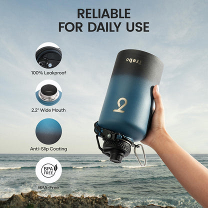 Trebo Water Bottle 64oz with Paracord Handle, Half Gallon Large Vacuum Double Wall Stainless Steel Insulated Water Jug with Holder Strap Straw Spout Lids, Leakproof Keep Cold & Hot, Indigo/Black