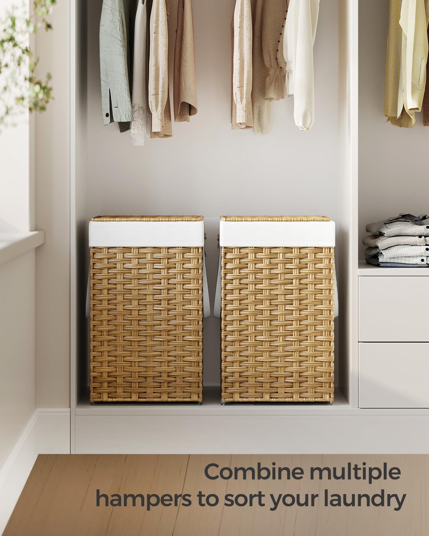 SONGMICS Laundry Hamper with Lid, 17.2 Gallon (65 L) Synthetic Rattan Clothes Laundry Basket with Lid and Handles, Foldable, Removable Liner, Goose Yellow ULCB165N01