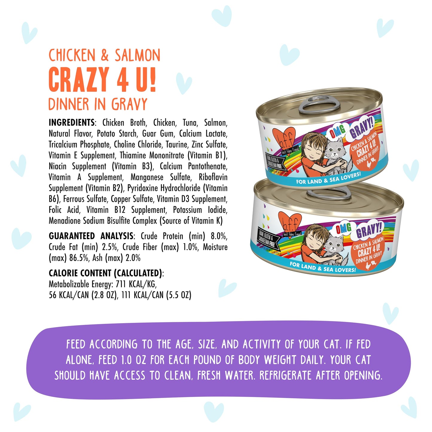 Weruva B.F.F. OMG - Best Feline Friend Oh My Gravy! Grain-Free Wet Cat Food Cans, Crazy 4 U! Chicken & Salmon, 5.5-Ounce Can (Pack of 8)