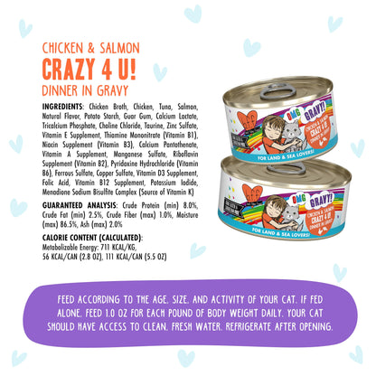 Weruva B.F.F. OMG - Best Feline Friend Oh My Gravy! Grain-Free Wet Cat Food Cans, Crazy 4 U! Chicken & Salmon, 5.5-Ounce Can (Pack of 8)