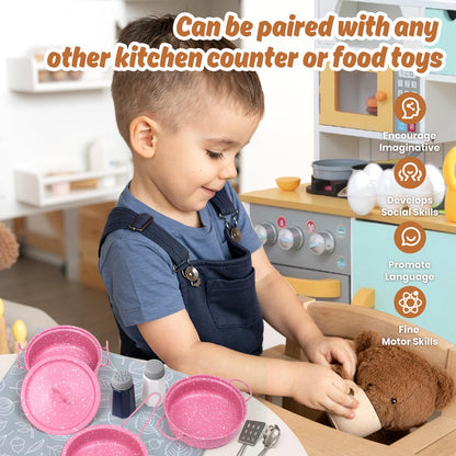 Veitch fairytales Kids Play Kitchen Toy Accessories Set Toddler Cooking Playset Colorful Stainless Steel Pots and Pans Birthday Gifts for 3+ Girls Boys (New Pink)