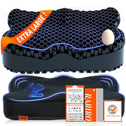 Enlarged 19.7" Gel Seat Cushion, Egg Gel Chair Pads for Wheelchair Pressure Coccyx Sciatica Pain Relief, Cooling Desk Seat Cushion for Kayak, Car, Office Chair Long Sitting[Black]