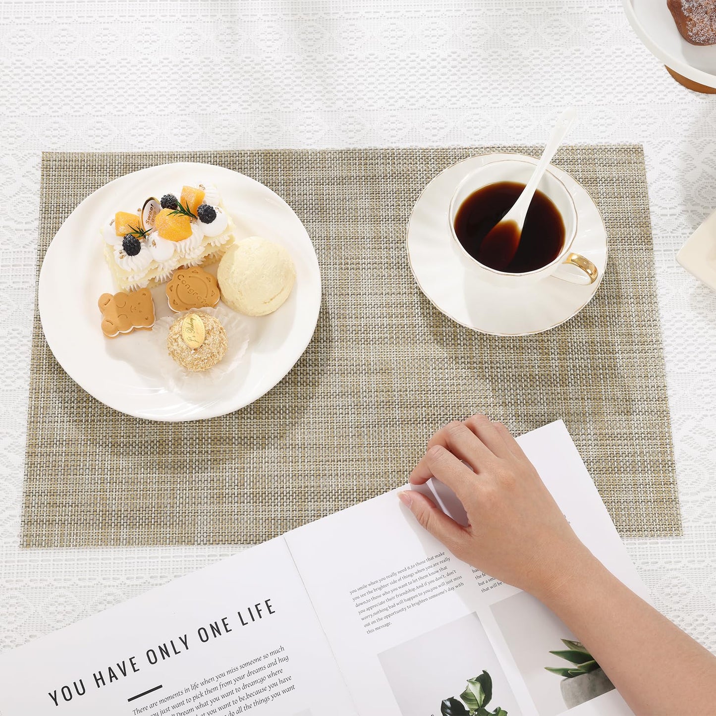 SHACOS Easy Clean Placemats Set of 4 Woven Vinyl Plastic Place Mats Heat Resistant Stain Resistant Dining Table Mats Indoor Outdoor Table Decor, Beige