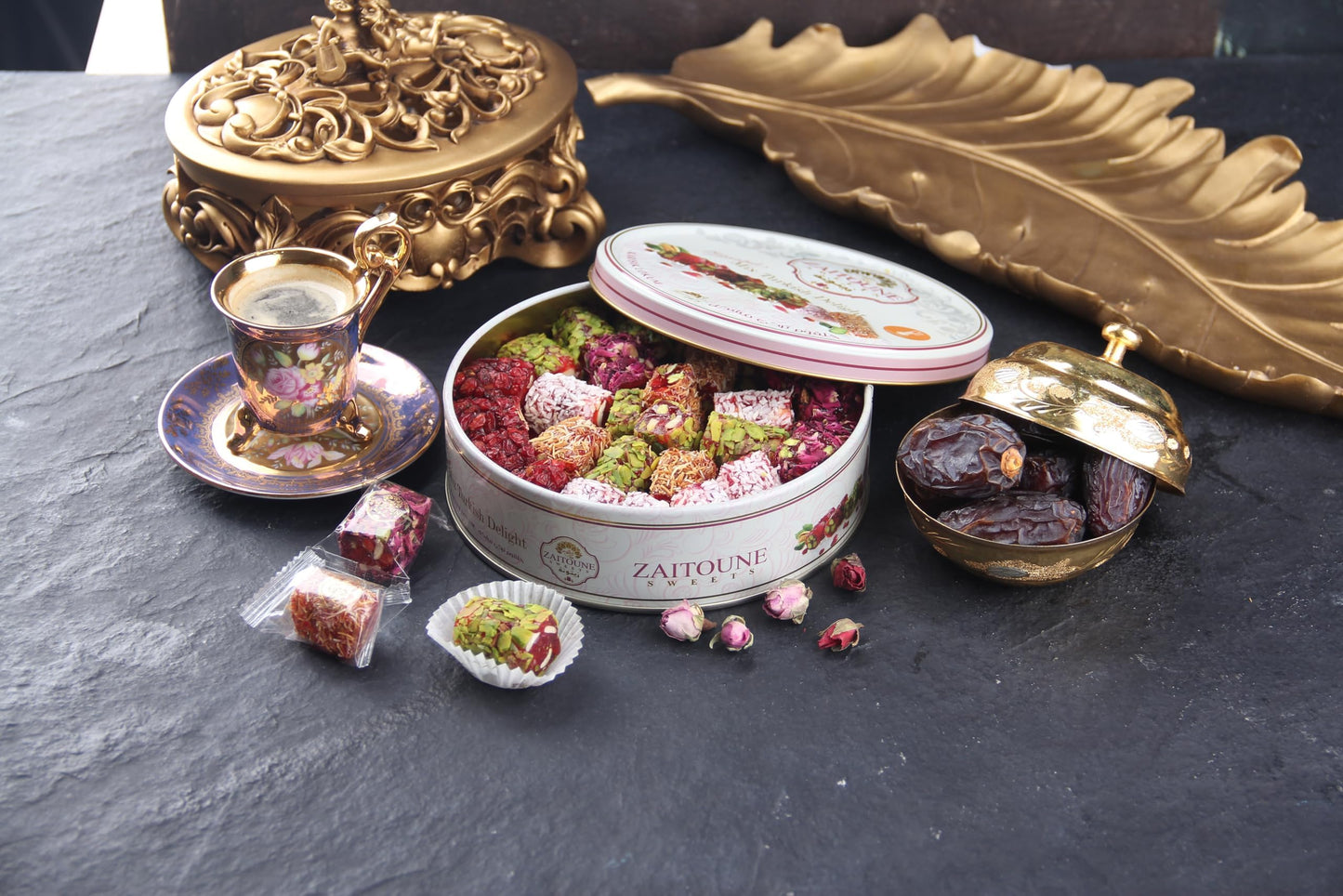 Zaitoune Turkish Delight Mix - 9 oz | Luxury Coatings of Pomegranate, Pistachio, Coconut, Kataifi & Rose | Authentic Lokum Sweet Assortment in a Beautiful Gift Tin | Handmade & Individually Wrapped