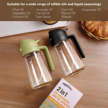 SWEET VIEW Olive Oil Sprayer for Cooking, 470ml 2 In 1 Glass Oil Dispenser/Pour Bottle, Kitchen Accessories, Kitchen Gadgets for Air Fryer, Salad, BBQ (Black)