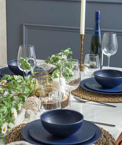 Bzyoo 12 Piece Melamine Dinnerware Set - Durable, Dishwasher Safe, Organica Navy Blue Plates and Bowls Sets Casual Dish Set for Dining, Outdoor and Kitchen