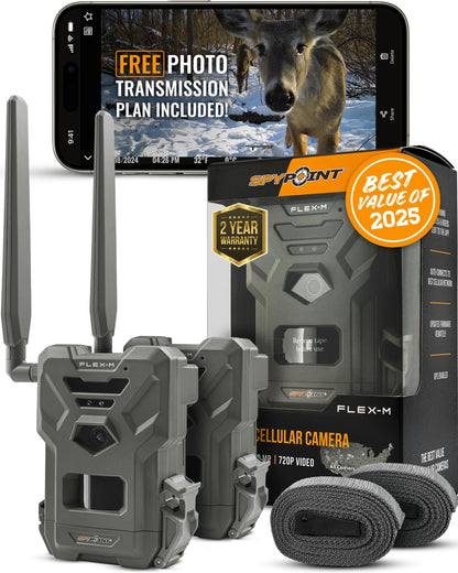 SPYPOINT Flex-M Twin Pack Cellular Trail Cameras - Best Hunting Accessories, No WiFi Needed, GPS, Night Vision, Dual-Sim LTE, IP65 Water-Resistant Game Camera, 28MP Photos, 720p Videos + Sound (2)