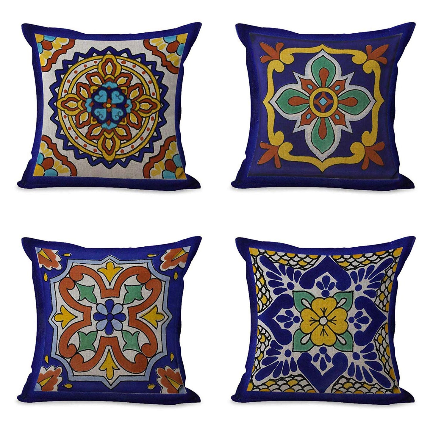 Semtomn Set of 4 Linen Throw Pillow Covers Spanish Talavera Exotic Geometry Dark Retro Ethnic Home Decorative 18"x18" Flax Pillow Cases Cushion Square Pillowcases