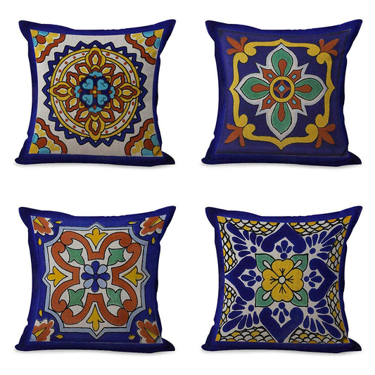 Semtomn Set of 4 Linen Throw Pillow Covers Spanish Talavera Exotic Geometry Dark Retro Ethnic Home Decorative 18"x18" Flax Pillow Cases Cushion Square Pillowcases