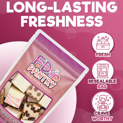 Freeze Dried Cheesecake Bites New York Style 4.1oz - Caramel, Chocolate Chip and Strawberry Cheesecake Swirl Freeze Dried Dessert - Mini Chocolate Cheesecake Bites in Resealable Bag - Ideal Gift Snack