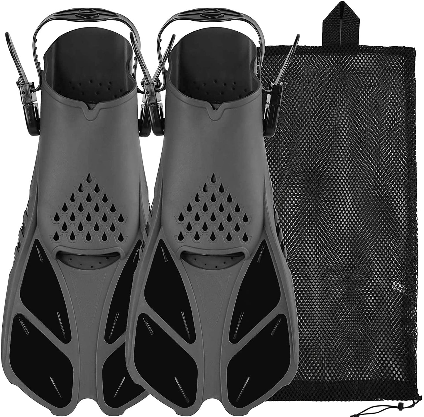 Snorkel Fins, Swim Fins with Adjustable Buckles, Open Heel, Travel Size Short Flippers for Snorkeling, Swimming and Scuba Diving, Light Diving Fins with Mesh Bag for Adult Men Women Kids