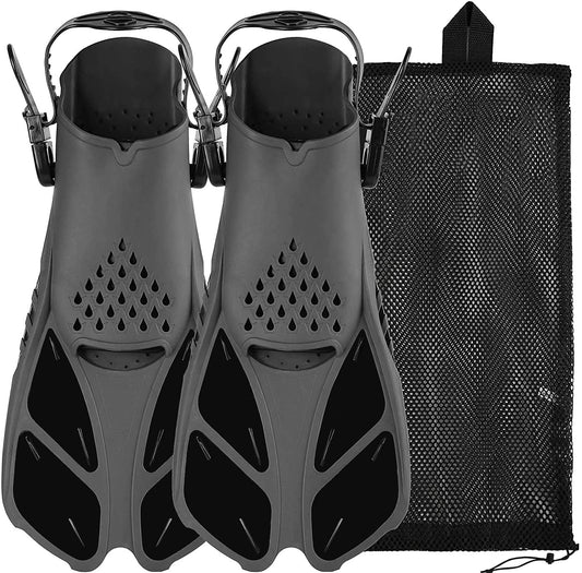 Snorkel Fins, Swim Fins with Adjustable Buckles, Open Heel, Travel Size Short Flippers for Snorkeling, Swimming and Scuba Diving, Light Diving Fins with Mesh Bag for Adult Men Women Kids