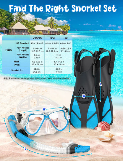 Zenoplige Mask Fins Snorkel Set, Snorkeling Gear for Adults, Panoramic View Snorkel Mask Anti-Fog, Adjustable Dive Flippers, Dry Top Snorkel and Travel Bag, Scuba Gear for Swimming Snorkeling Diving