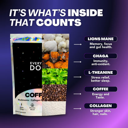 Everyday Dose Premium Adaptogenic Mushroom Coffee with Grass-Fed Collagen, Chaga, Lions Mane & L-Theanine for Better Focus, Energy, Digestion, Skin, and Immunity 30 Servings