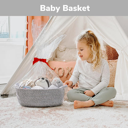 CHICVITA Storage Basket for Gifting, Small Woven Basket for Towels, Cute Baskets for Baby, Nursery, Decorative Rope Baskets for Living Room, Grey, 13 x 9.8 x 5 inches