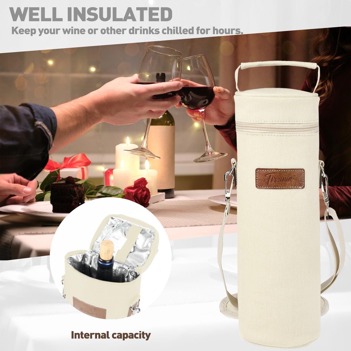 Tirrinia Single Wine Cooler Bags - Insulated & Padded Portable Wine Gift Tote Carrier for Travel, BYOB Restaurant, Wine Tasting, Party, Great Gift for Wine Lover, Beige