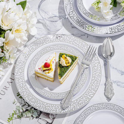 Festiva 350PCS Silver Plastic Dinnerware Set - Disposable Lace Silver Plates and Napkins Party Supplies - include plates,napkins,cups,silverware - Serve for 50 Guests Party&Wedding