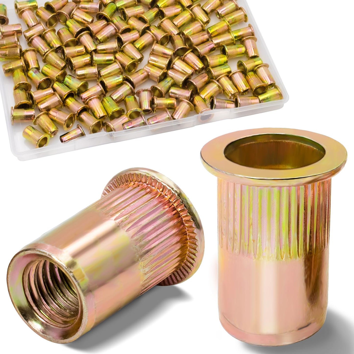Vifmy 1/4 Rivet Nut, 115Pcs Carbon Steel Zinc Rivet Nuts 1/4-20, 1/4 20 Threaded Insert Rivnut, 1/4 UNC Rivets Nutsert, Flat Head 1/4 x 20 RIV Nuts
