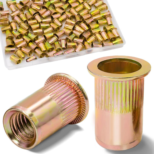 Vifmy 1/4 Rivet Nut, 115Pcs Carbon Steel Zinc Rivet Nuts 1/4-20, 1/4 20 Threaded Insert Rivnut, 1/4 UNC Rivets Nutsert, Flat Head 1/4 x 20 RIV Nuts