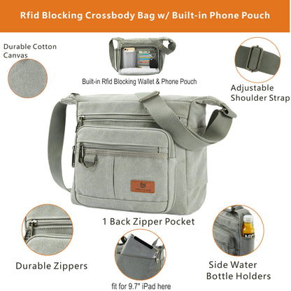 Anti-theft Crossbody Bag, Rfid Messenger Bag with Water Bottle Holders, 13 inch Shoulder Laptop Bag W/Built-in Wallet for Work, Travel, Tool, Commute, Camera, Grey