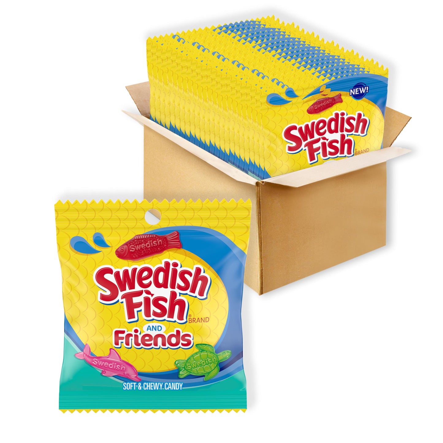 SWEDISH FISH and Friends Soft & Chewy Candy, Bulk Candy, 12-3.59 oz Bags