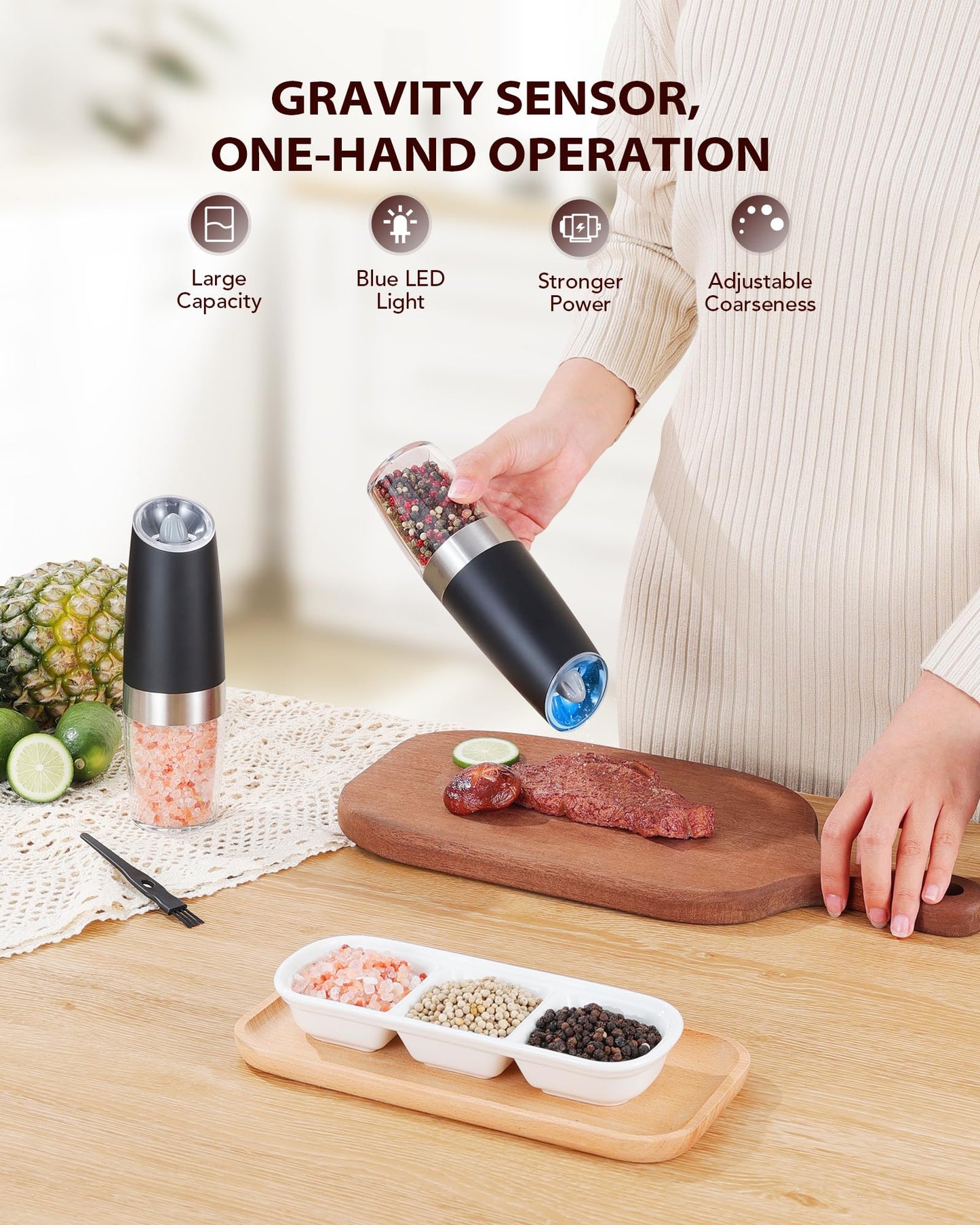 Sangcon Gravity Electric Salt and Pepper Grinder Set Automatic Shakers Mill Grinder with LED Light, BATTERY POWERED Adjustable Coarseness One Hand Operation, Upgraded Larger Capacity
