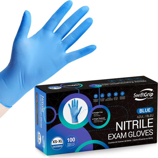 SwiftGrip Disposable Nitrile Exam Gloves, Blue, Nitrile Gloves Disposable Latex Free, Medical Gloves, Cleaning Gloves, Food-Safe Rubber Gloves, Powder Free, Non-Sterile, 100-ct Box (Large)