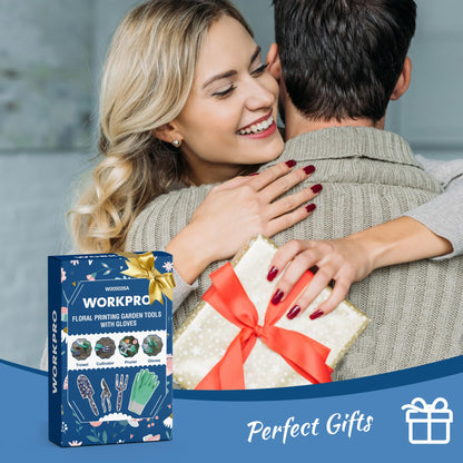 WORKPRO Aluminum Garden Tool Set, 4PCS Heavy Duty Hand Garden Tools with Box Include Trowel, Rake, Pruner, Garden Gloves, Floral and Insect Printing, Garden Gifts