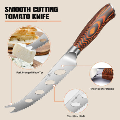 TUO Cheese Knife, Tomato Knife 5.5" Serrated Blade, High Carbon German Steel, Mutil-Use Non Stick Design, Pakkawood Handle - Fiery Phoenix Series