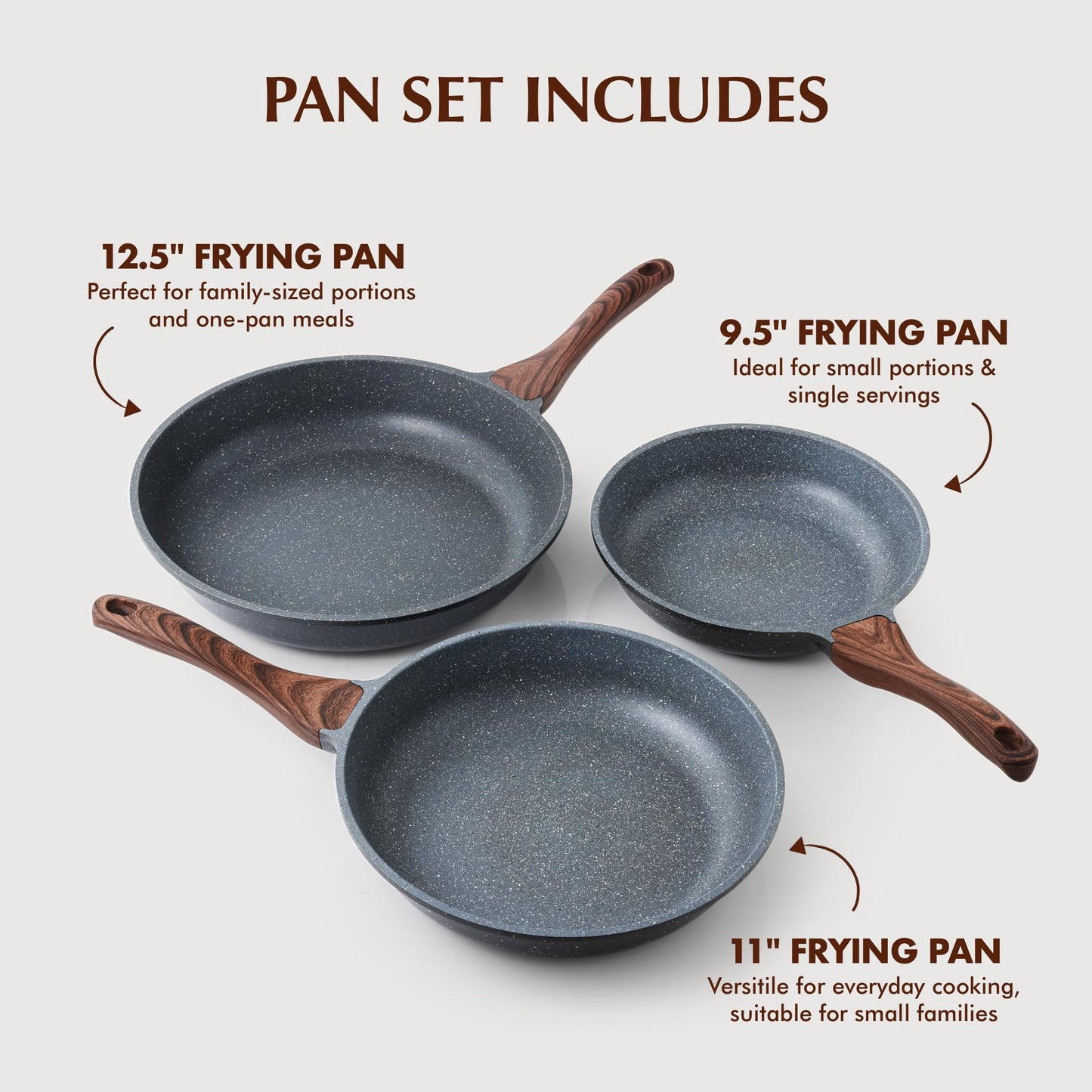 SENSARTE Nonstick Frying Pan Skillets, Swiss Granite Coating Omelette Pans, Healthy Cookware Chef's Pan, Free of Intentionally Added PFOA (9.5+11+12.5 Inch)
