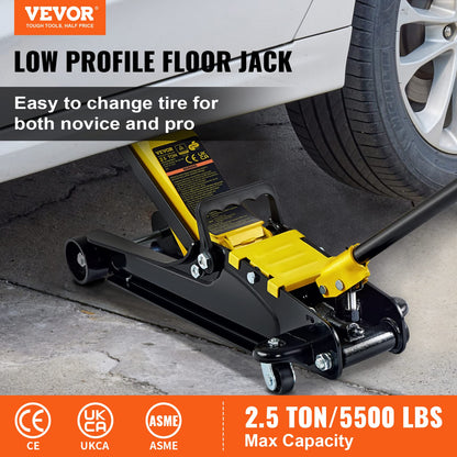 VEVOR 2.5 Ton Low Profile, Heavy-Duty Steel Racing Floor Jack with Single Piston Lift Pump, Lifting Range 3.35"-14.96"