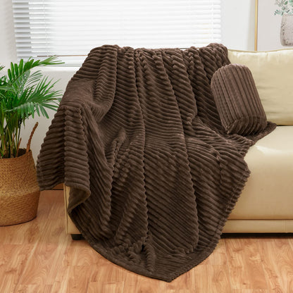 Bnuitland Brown Flannel Throw (50X70 inches) with Storage Pouch,300GSM Super Soft Fleece Stripe Pattern Sofa Blanket for Adults and Kids, Lightweight Cozy Bed Throw for Home Decor All Season