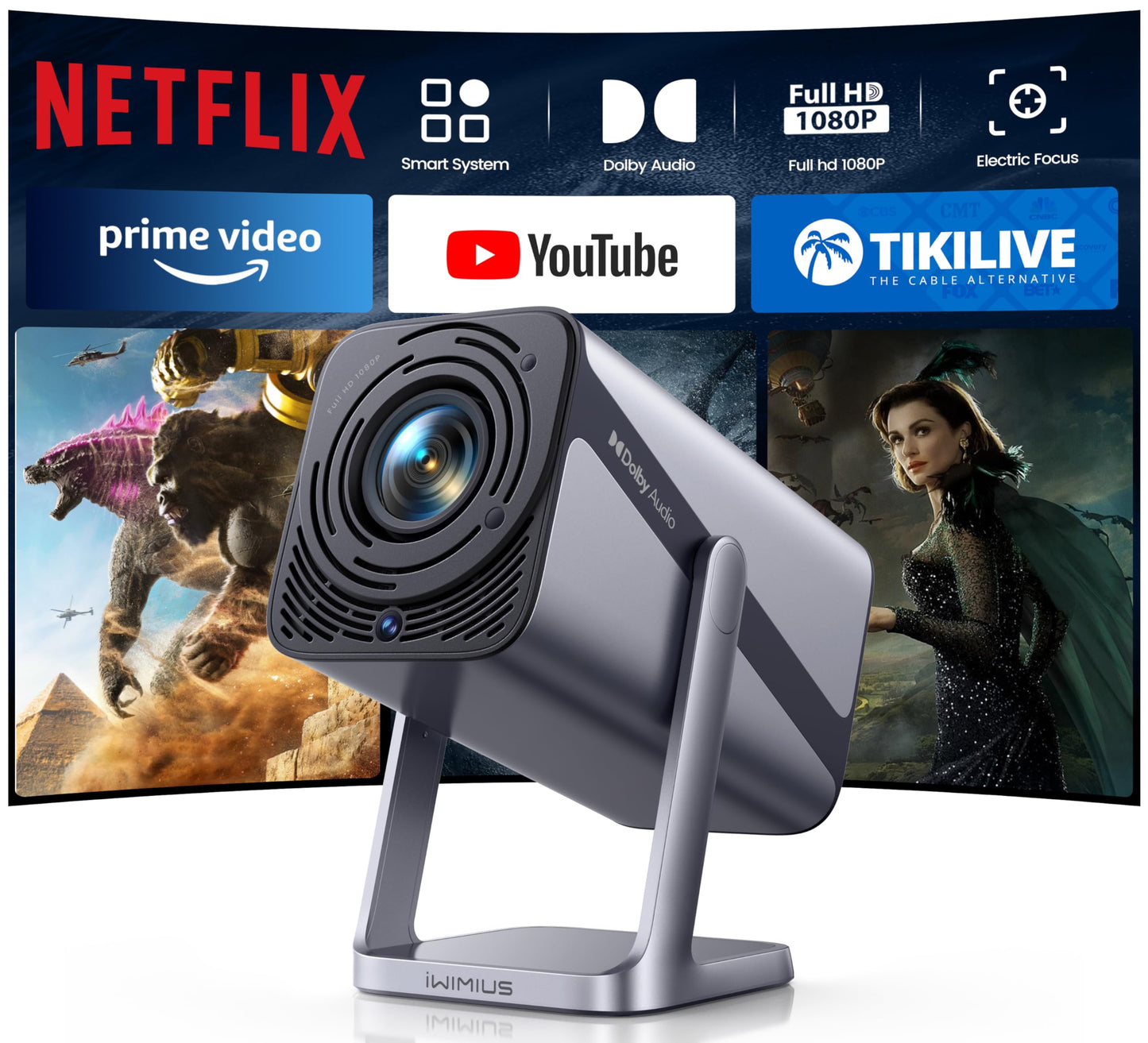 [Netflix-Licensed & 4K Support & Auto Focus]- Smart Projector with WiFi 6 and 2-Way Bluetooth, Dolby Audio/ Auto Keystone/Zoom,360°Adjustable Stand, iWIMIUS Mini Portable Outdoor Proyector w/ HDMI ARC