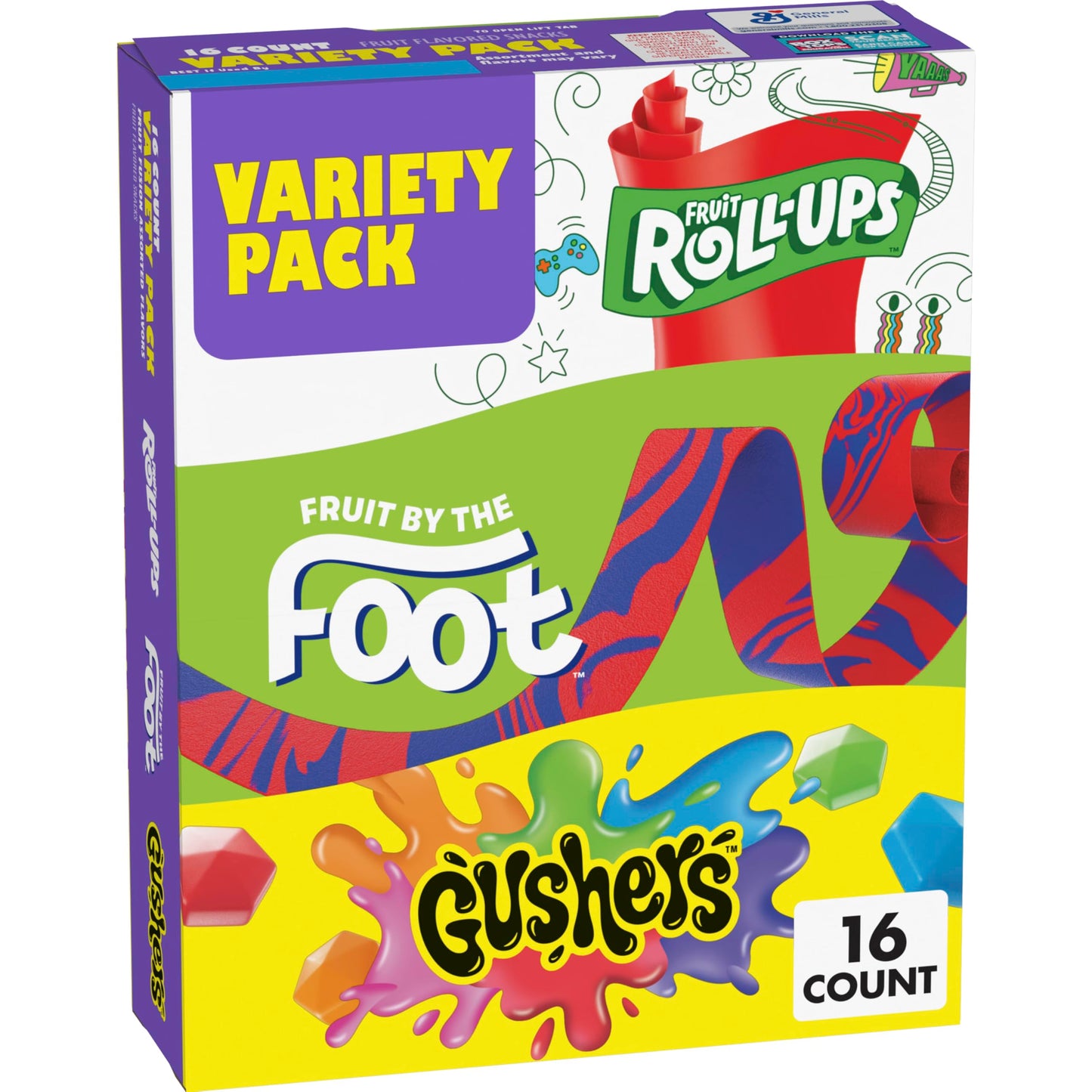 Fruit Roll-Ups, Fruit by the Foot, Gushers, Flavored Snacks Variety Pack, Gluten Free, 16 Ct, 10.2 oz