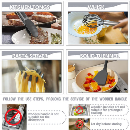 Umite Chef Silicone Kitchen Utensil Set, 34PCS Heat Resistant Kitchen Gadgets and Tools With Grater, Wood Handles for Nonstick Cookware (Dark Gray)