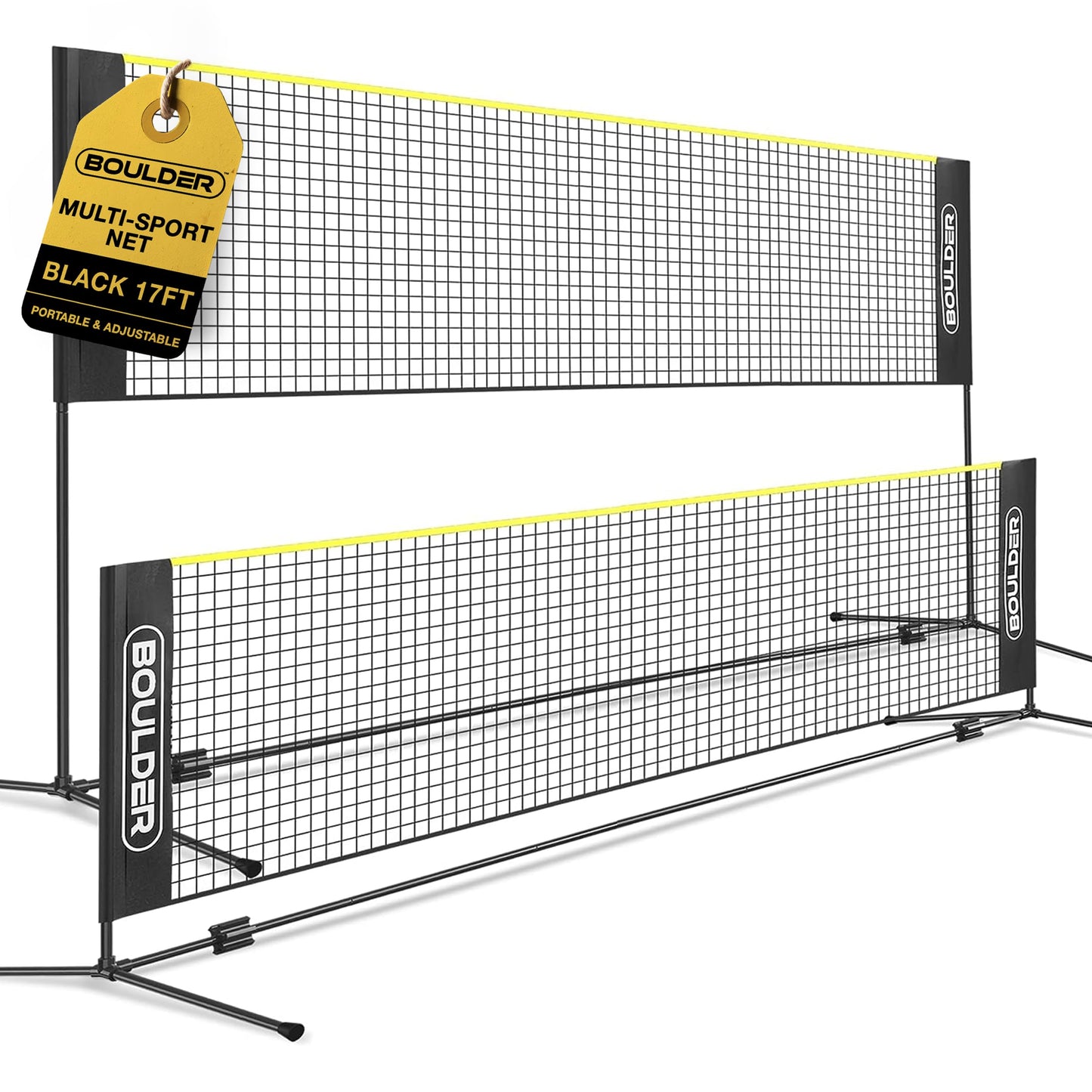 BOULDER Portable Badminton Pickleball Net - Foldable / Extendable Poles for Multiple Sports Heights (UP to 5 ft) - Ideal for Tennis, Pickleball, Soccer Tennis - Easy Setup (Black, 17 FT)