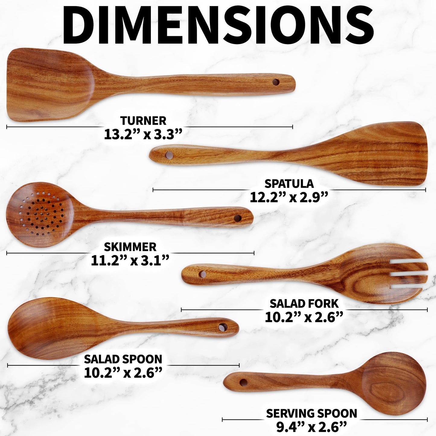 Zulay Kitchen 6-Piece Wooden Cooking Spoons Set – Heat-Resistant, Smooth Teak Utensils with Comfort Grip – Lightweight & Durable – Easy to Clean, Perfect for Non-Stick Cookware