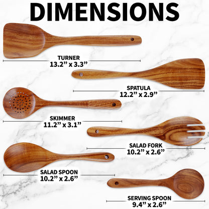 Zulay Kitchen 6-Piece Wooden Cooking Spoons Set – Heat-Resistant, Smooth Teak Utensils with Comfort Grip – Lightweight & Durable – Easy to Clean, Perfect for Non-Stick Cookware