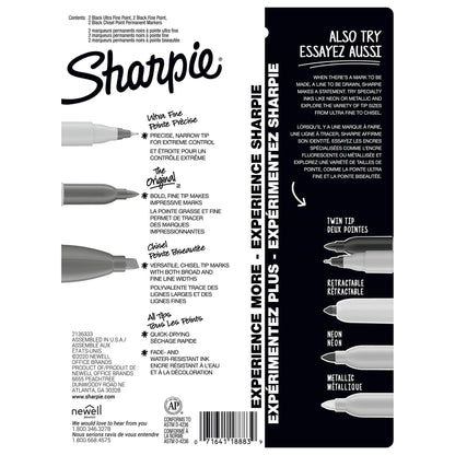Sharpie Permanent Markers Variety Pack, Includes Chisel, Fine, and Ultra-Fine Tips, Marker Set, Writing, Coloring, Poster, Office, School Supplies, Black, 6 Count