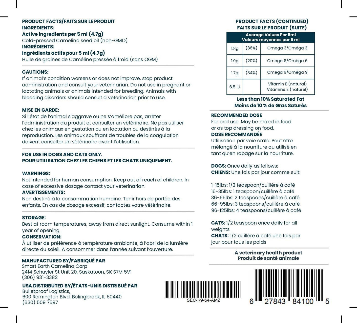 Smart Earth Camelina Oil for Dogs - Omega 3, 6, 9 Supplement for Healthy Skin, Shiny Coat & Flexible Joints - Dog Joint Supplement - Natural Canine Wellness - Omega 3 for Dogs (Pump Included - 64oz)
