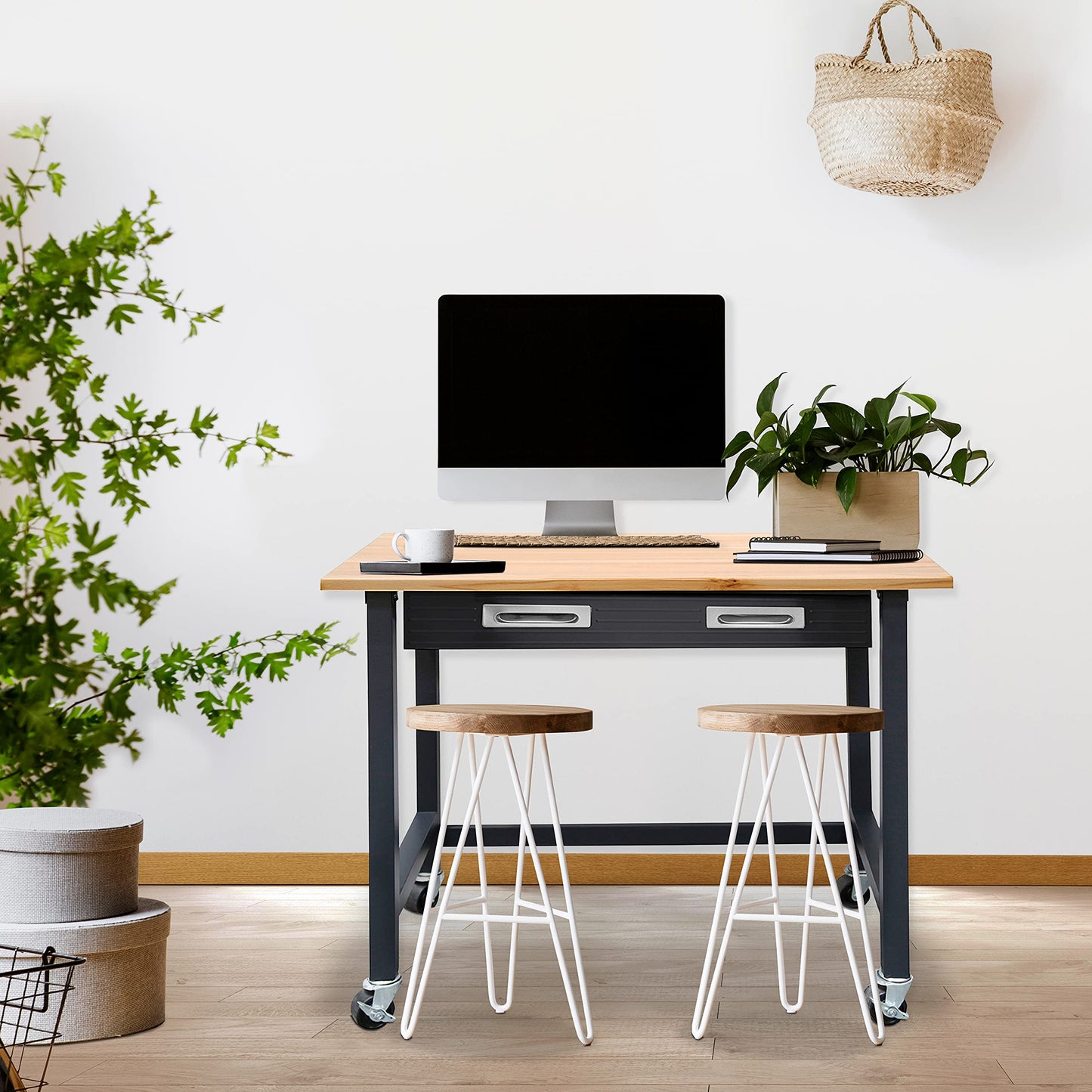 Seville Classics UltraGraphite Wood Top Workbench on Wheels with Sliding Organizer Drawer Table, 48", Graphite
