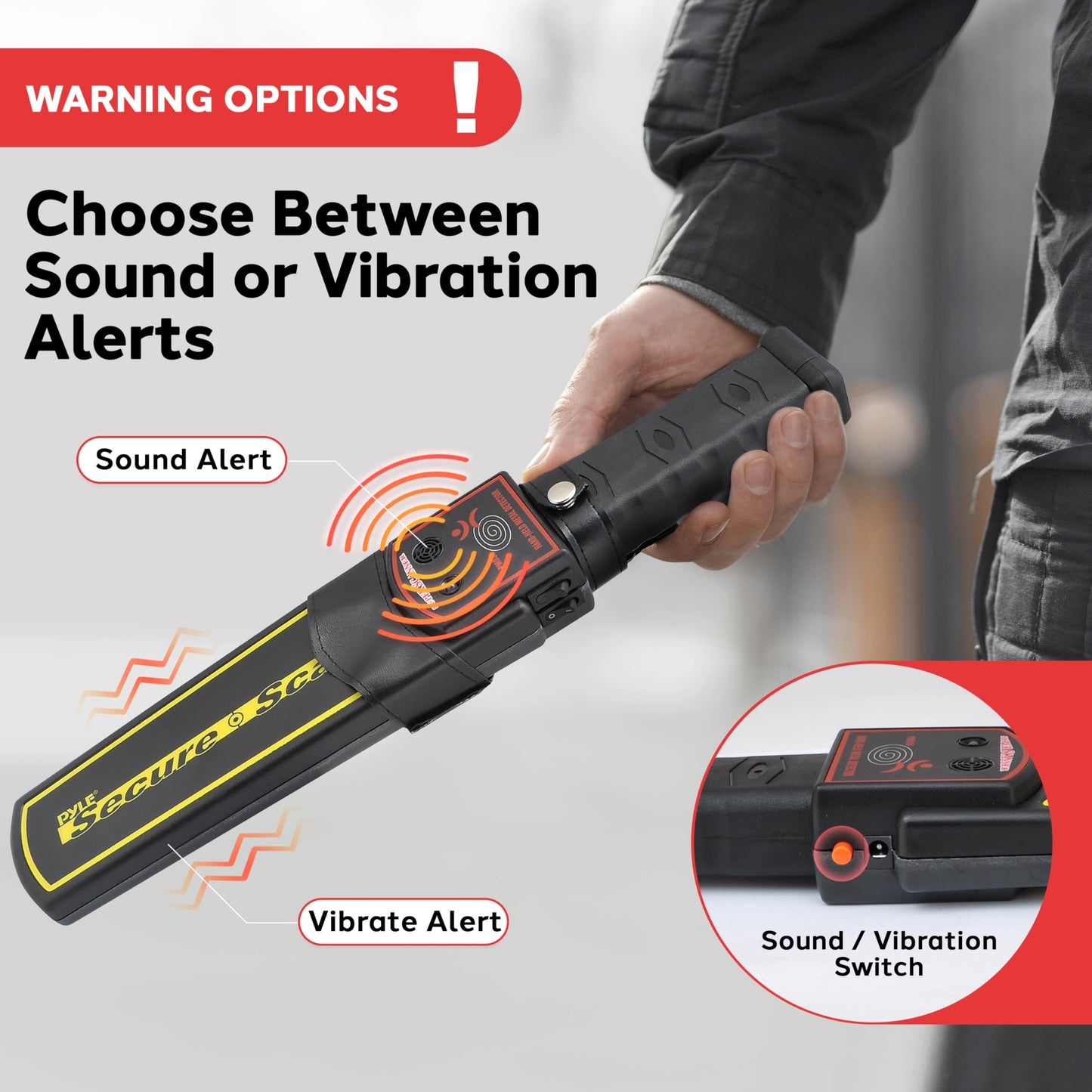 Pyle Handheld Metal Detector Security Wand - Portable Battery Operated Super Security Scanner w/ Adjustable Sensitivity, Sound Vibration Alerts, Detects Weapons, Knives and Other Metal Objects