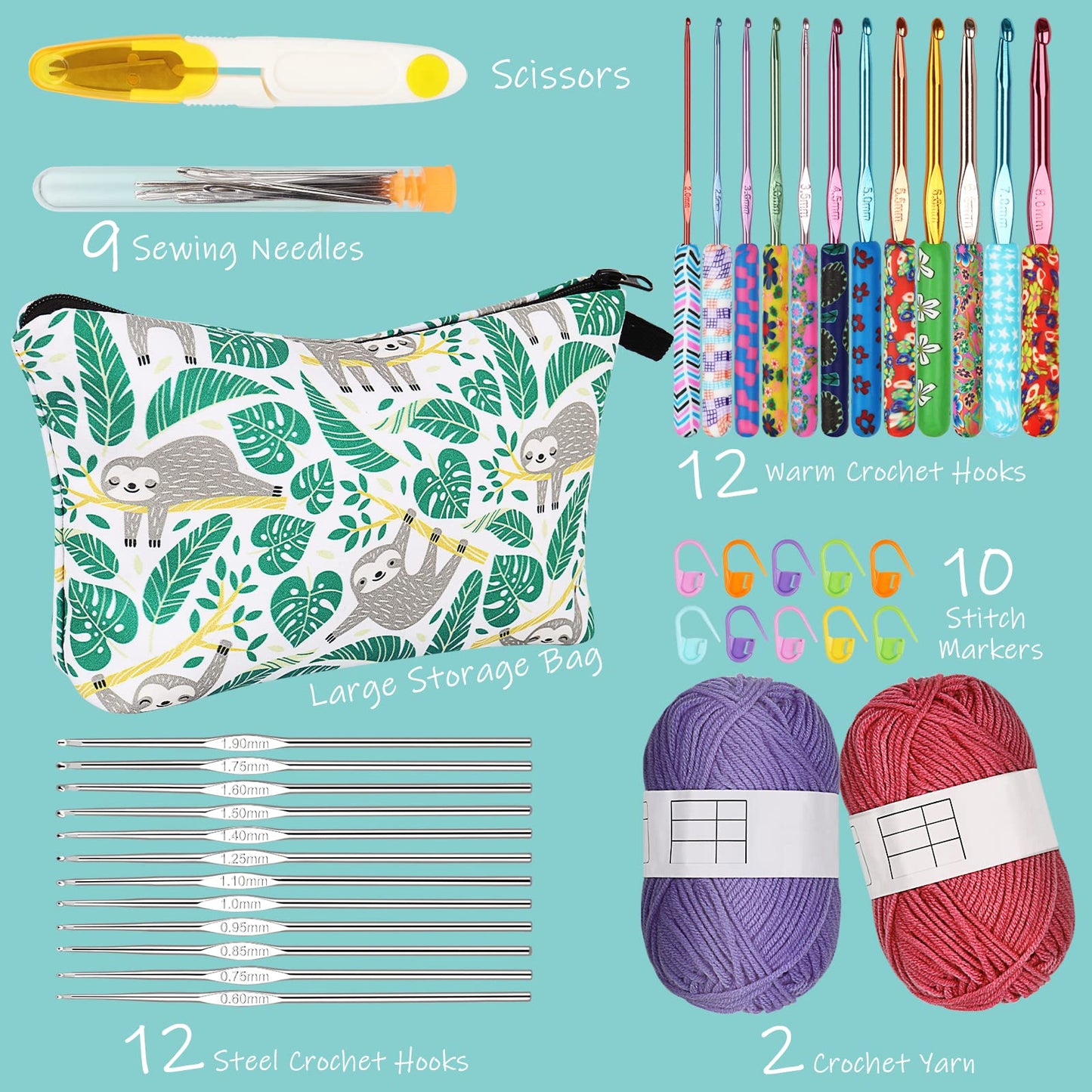 Coopay 24 Sizes Crochet Hooks with Crochet Yarn Accessories, 2mm(B)-8mm(L) Warm Crochet Hooks Steel Crochet Hook Set for Crochet Lovers, Smooth Crochet Kit with Complete Knitting & Crochet Supplies