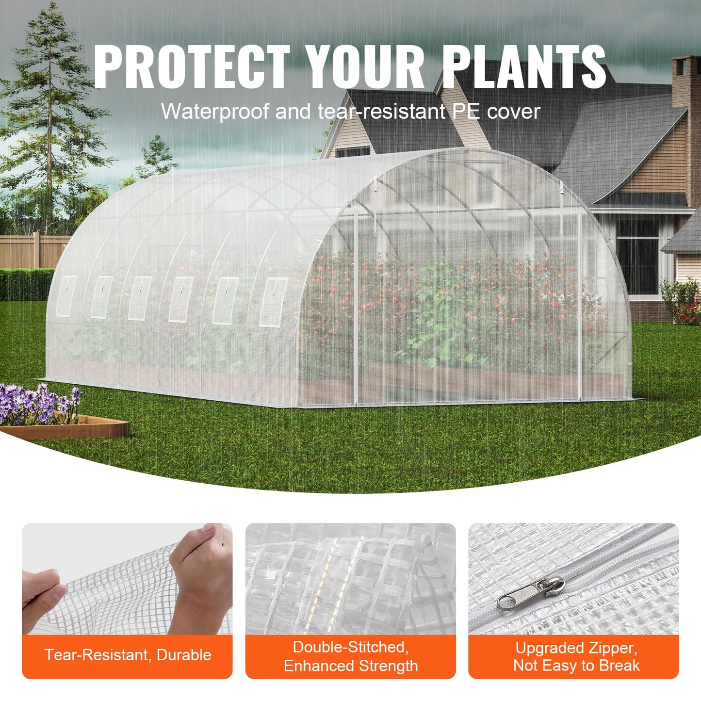 VEVOR Walk-in Tunnel Greenhouse, 19.4x9.7x6.5 ft Hoop House Greenhouse Tunnel, Plant Hot House with Galvanized Steel Frame, White PE Cover, Roll-up Zipper Door and 12 Windows for Outdoor
