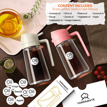 YARRAMATE 16oz/470ml Glass Olive Oil Sprayer for Cooking with Stickers, 2 in 1 Oil Dispenser for Kitchen Gadgets, Food Grade Premium Spray Bottle for Salad, Frying, BBQ (Creamy White)