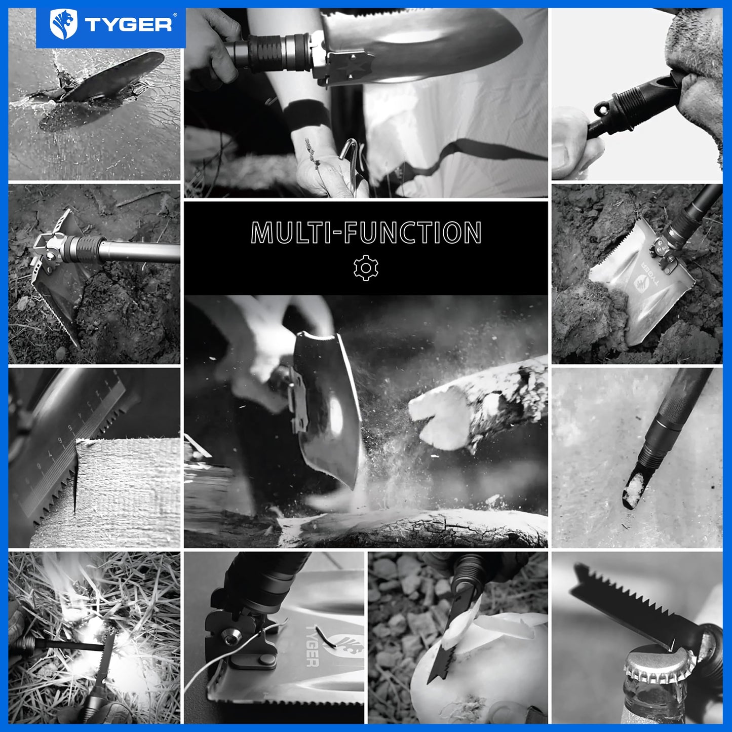 Tyger Auto Folding Shovel TG-SV8U3217 Military Heavy Duty Survival Shovel 16-in-1 Multitool Compact Camp Shovel with Bag for Camping, Hiking, Off-Roading, Outdoor, Tactical, Emergency