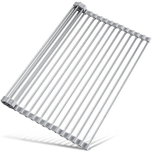 Tomorotec 17.7" x 12.5" Roll Up Dish Drying Rack Over Sink Drying Rack Sink Cover Kitchen Sink Accessories Gadget Multipurpose Organizer Foldable Stainless Steel Drainer