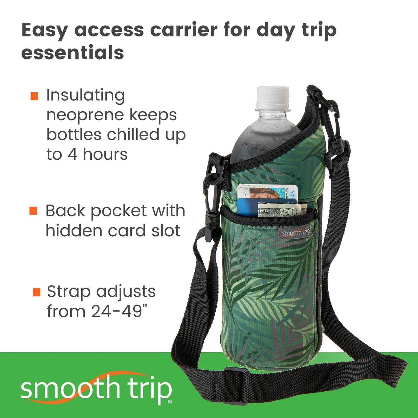 Smooth Trip AquaPockets Water Bottle Holder and Insulating Neoprene Water Bottle Sling Bag with Phone Pouch and Adjustable Strap for Walking and Hiking - Fits up to 32 oz. Bottles